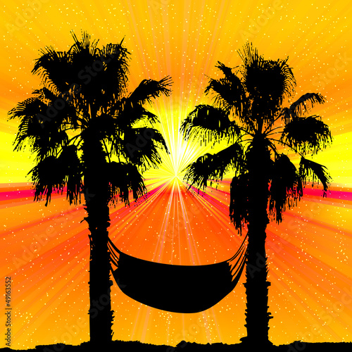 Palms and sunset on tropical background.