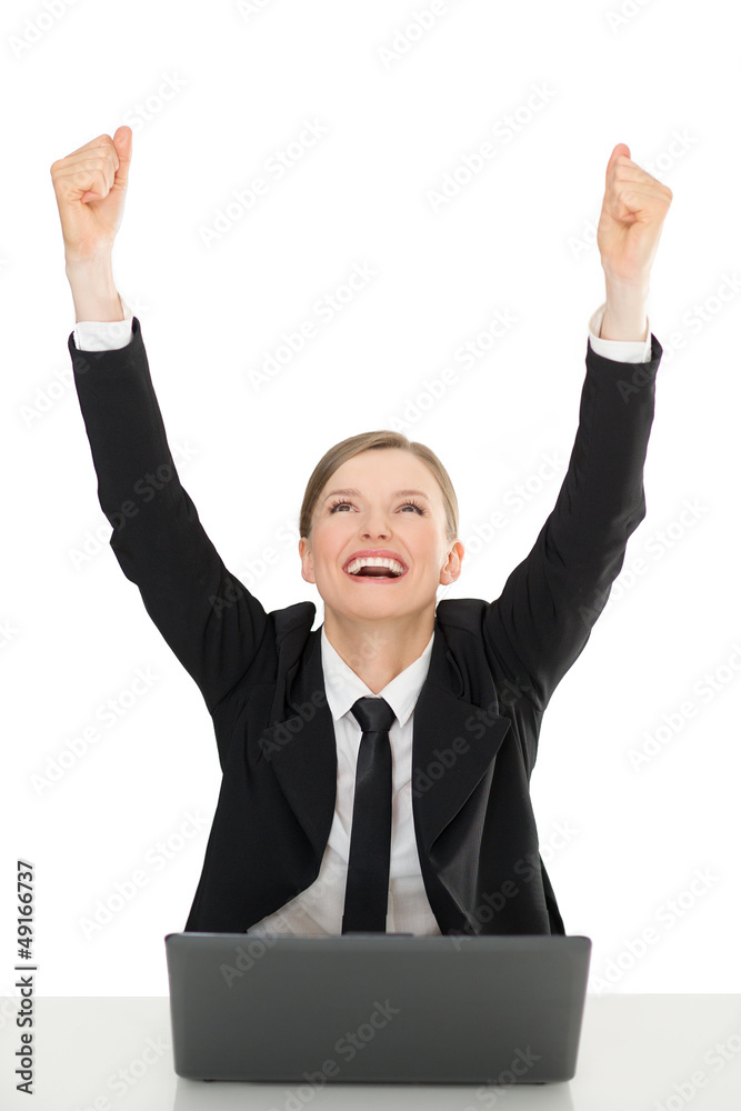 Happy businesswomen with laptop, hands up, on white background Happy businesswomen with laptop, hands up, on white background