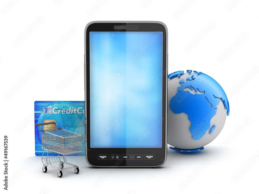 Cell phone, credit card, shopping cart and earth globe Cell phone, credit card, shopping cart and earth globe