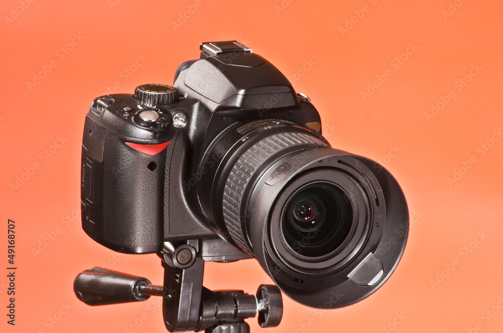 Digital single-lens reflex camera on a tripod