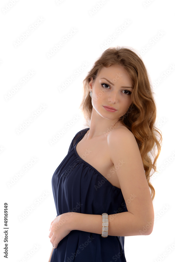beautiful young woman with long hair posing on white background beautiful young woman with long hair posing on white background