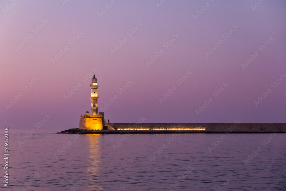 Venetian lighthouse in purple sunset, Chania, Crete, Greece