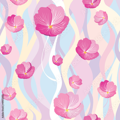 floral seamless background. Pink flower wavy pattern.