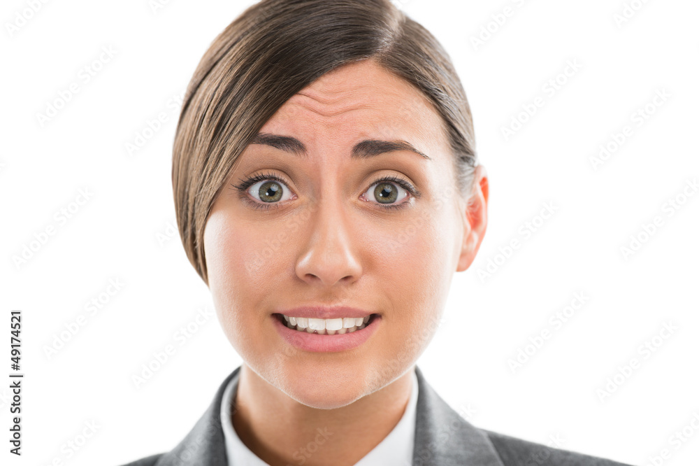 Portrait of shocked and confused business woman on white backgro Portrait of shocked and confused business woman on white backgro