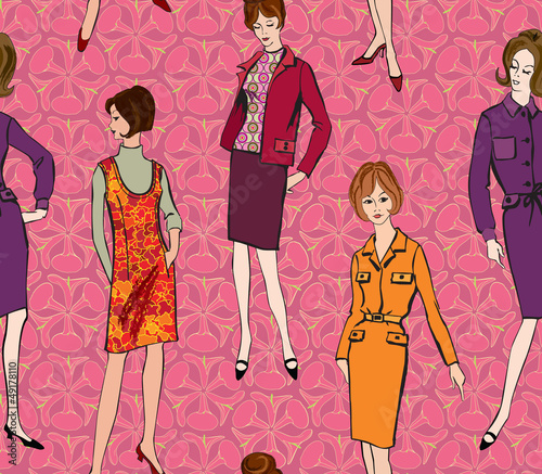 Fashion girls.1950's 1960's background. seamless pattern photo
