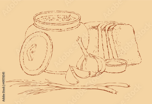 Vector sketch Ukrainian lunch. Warm soup, ??bread, garlic, onion