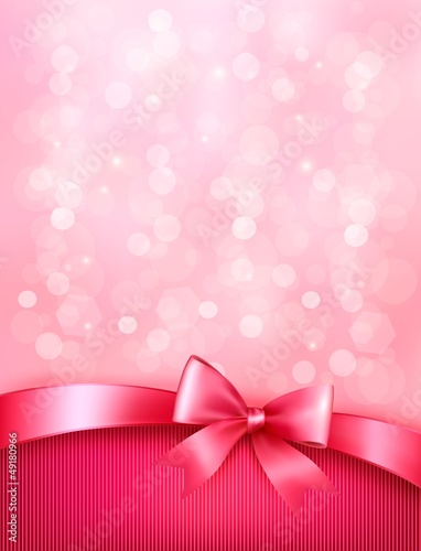 Elegant holiday background with gift pink bow and ribbon. Vector