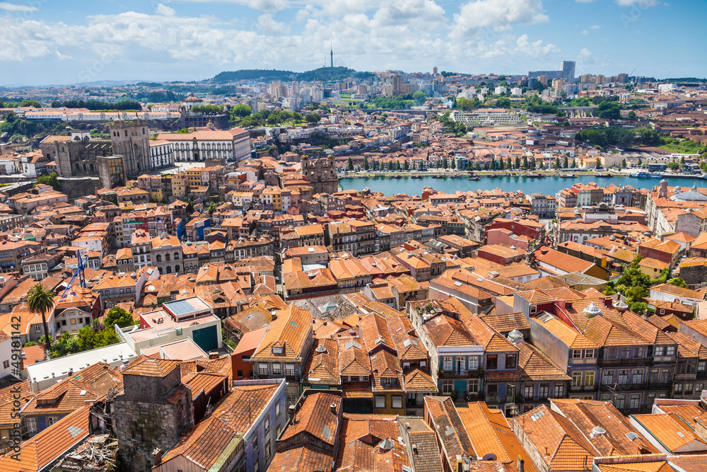 Porto skyline: old downtown, Cathedral and Douro River