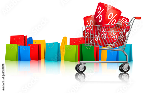 Background with shopping color bags and shopping carts with sale