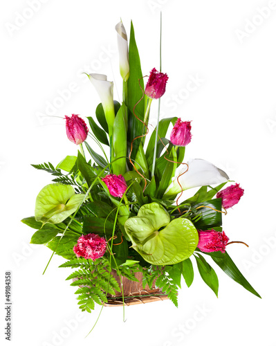 Fototapeta Naklejka Na Ścianę i Meble -  Bright flower bouquet in basket isolated over white background