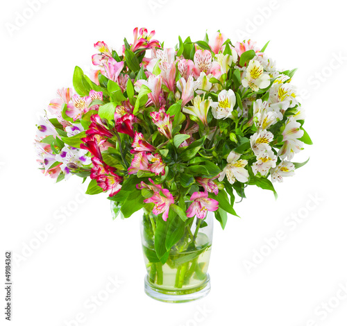 Fototapeta Naklejka Na Ścianę i Meble -  Bouquet of alstroemeria flowers in glass vase isolated over whit