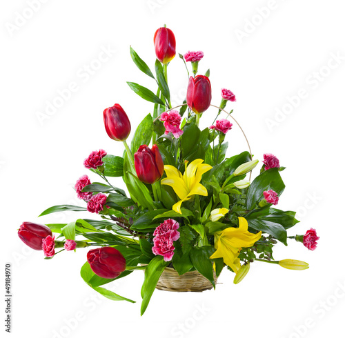 Fototapeta Naklejka Na Ścianę i Meble -  Bright flower bouquet in basket isolated over white background