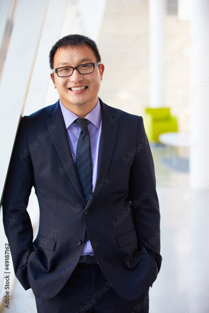 Portrait Of Businessman Standing Modern Office Reception