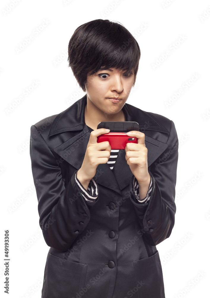 Expressive Mixed Race Woman with Cell Phone on White Expressive Mixed Race Woman with Cell Phone on White