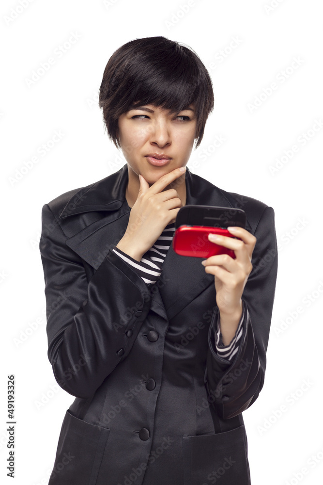 Expressive Mixed Race Woman with Cell Phone on White Expressive Mixed Race Woman with Cell Phone on White