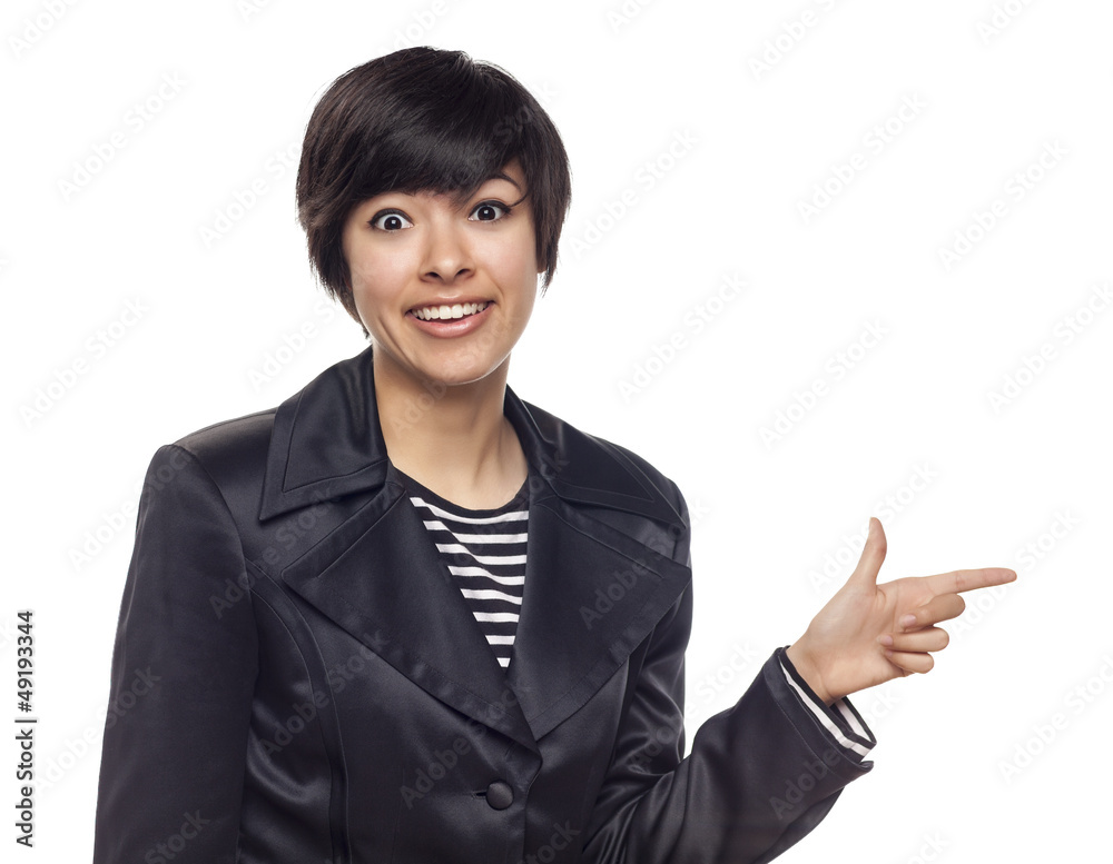 Young Mixed Race Woman Pointing to Side on White Young Mixed Race Woman Pointing to Side on White