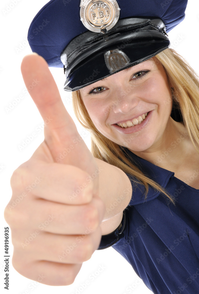 Junge Frau im Polizei-Kostüm "Daumen rauf" Stock Photo | Adobe Stock