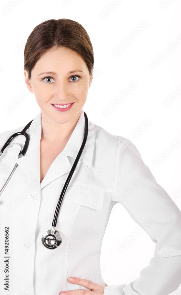 Smiling young doctor woman with a stethoscope isolated Smiling young doctor woman with a stethoscope isolated