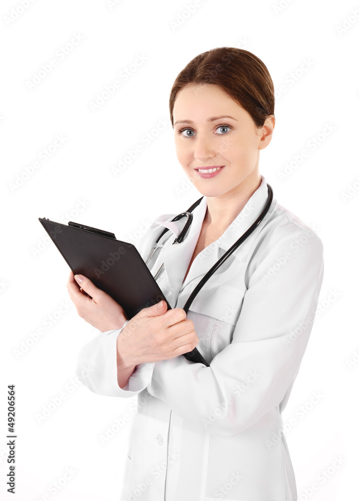 Smiling young doctor woman with a stethoscope and plane table Smiling young doctor woman with a stethoscope and plane table