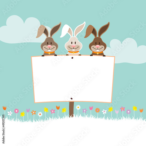3 Bunnies Holding Easter Egg Label In Meadow Retro
