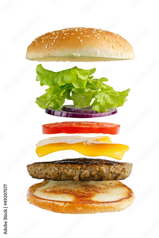 Classic hamburger ingredients, isolated on white