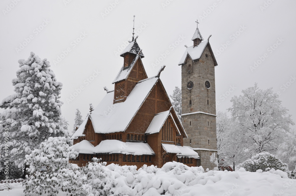 Wooden church with a bell tower Wang in Karpacz in winter time