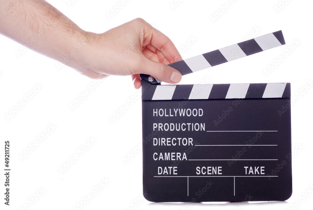 Fototapeta premium Hand holding movie clapper board cutout
