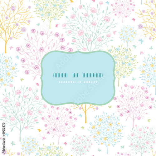 Vector blossoming trees frame seamless pattern background with