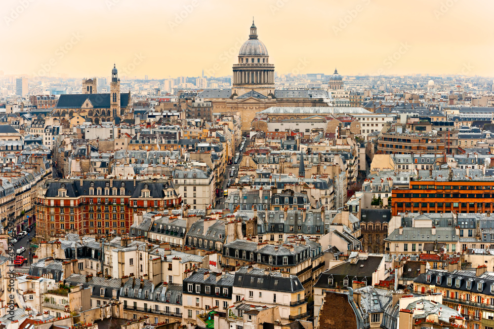 View of Paris with the Pantheon at sunset, France.