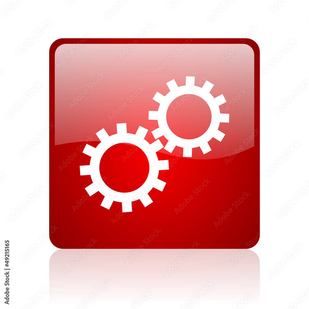 gears red square glossy web icon on white background gears red square glossy web icon on white background