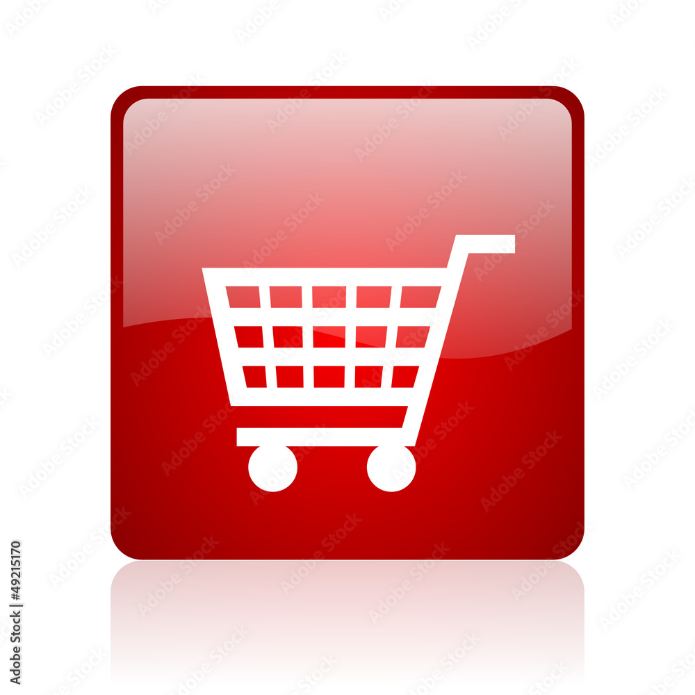 shopping cart red square glossy web icon on white background