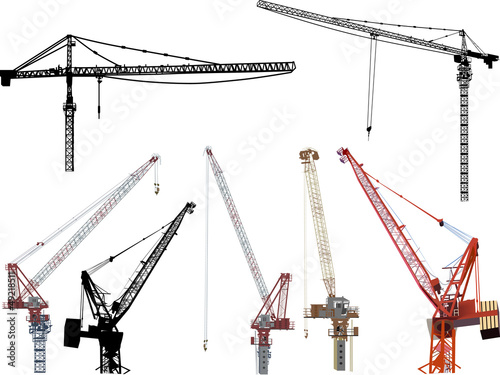 seven building cranes isolated on white