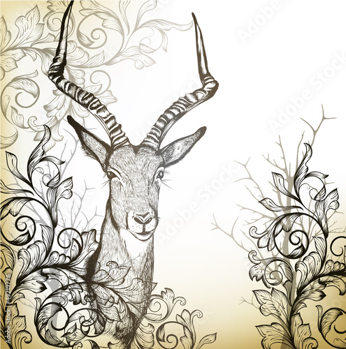 Vintage background with hand drawn antelope
