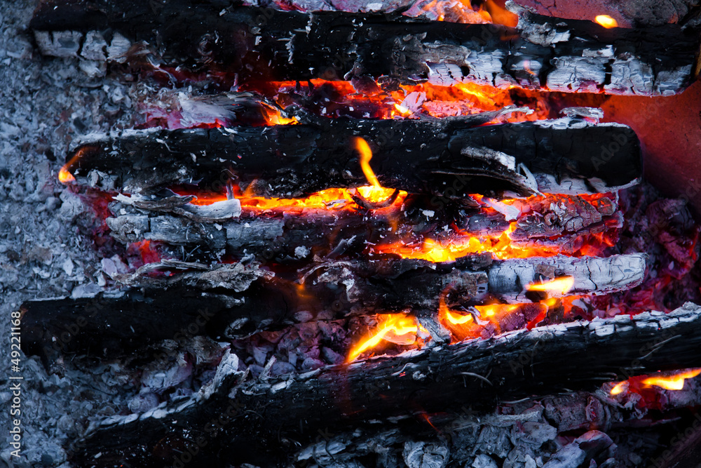 Burning wood and coal in fireplace. Closeup of hot burning wood Burning wood and coal in fireplace. Closeup of hot burning wood