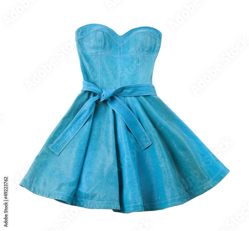 Turquoise leather evase strapless belted dress photo
