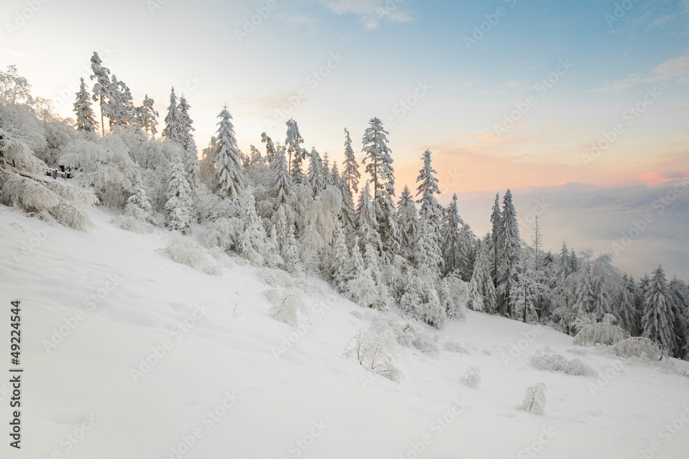 Beautiful winter sunrise photo taken in mountains