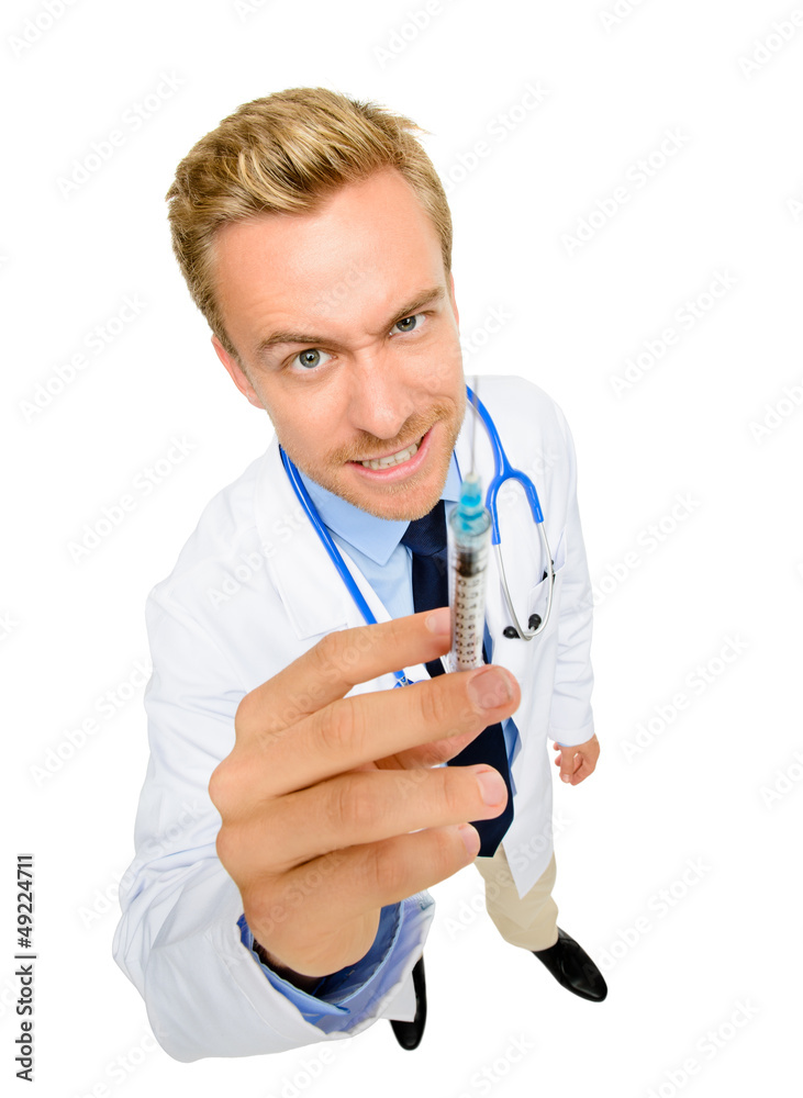 Crazy doctor holding syringe on white background Crazy doctor holding syringe on white background