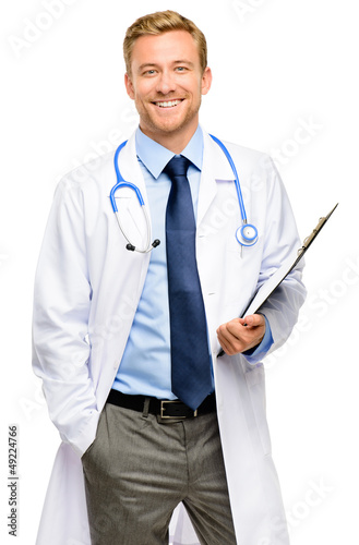 Portrait of confident young doctor on white background
