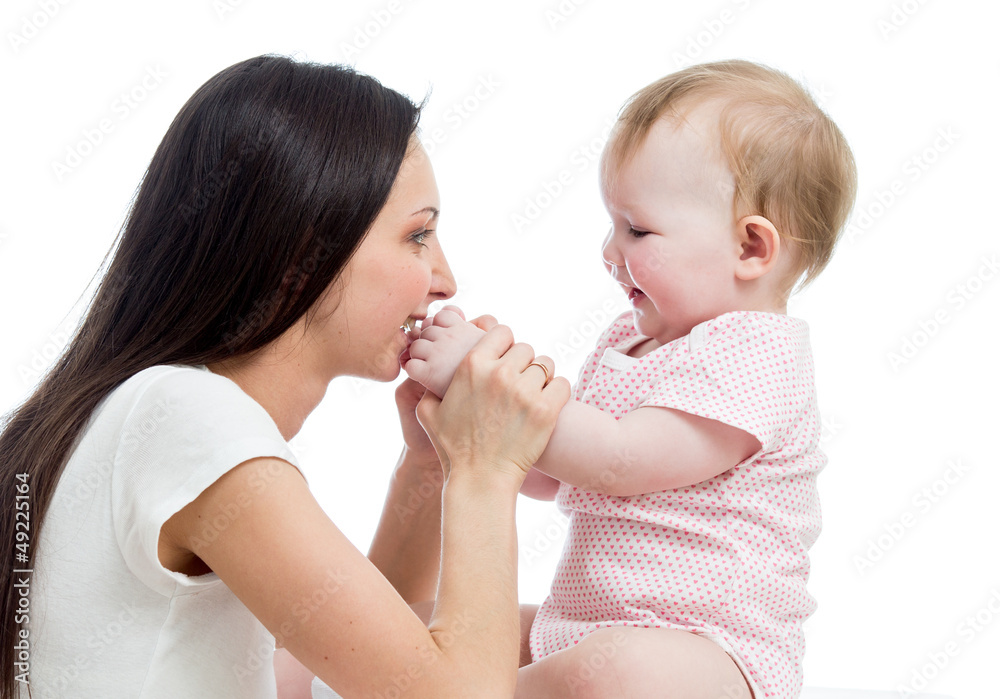 Mother and baby playing isolated on white background. Motherhood Mother and baby playing isolated on white background. Motherhood
