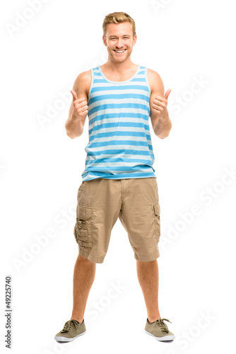 Happy man giving thumbs up sign - full length portrait on white