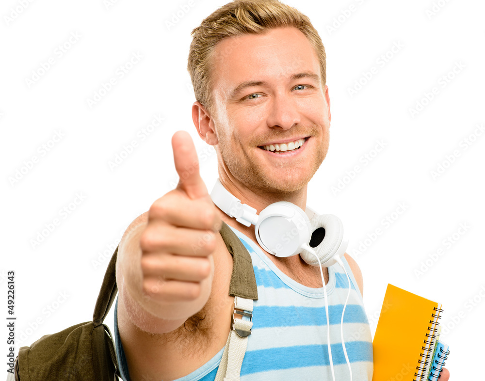 Confident young student thumbs up sign on white background Confident young student thumbs up sign on white background