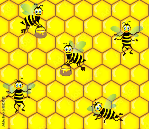 Honeycomb and bees seamless vector pattern
