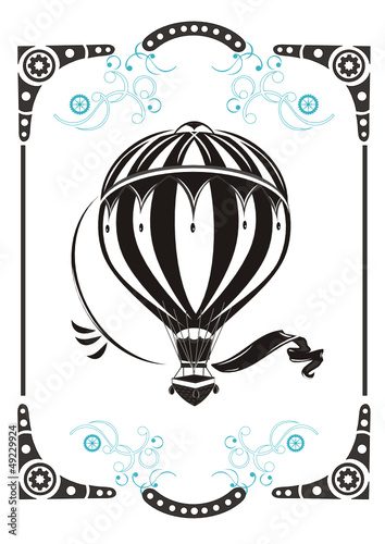 Steampunk style frame and vintage  hot air balloon