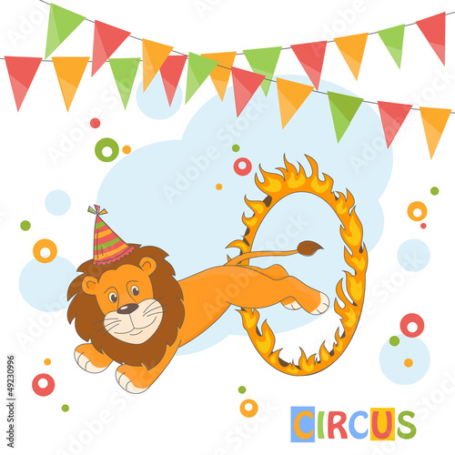 Circus lion jumping through a ring of fire.