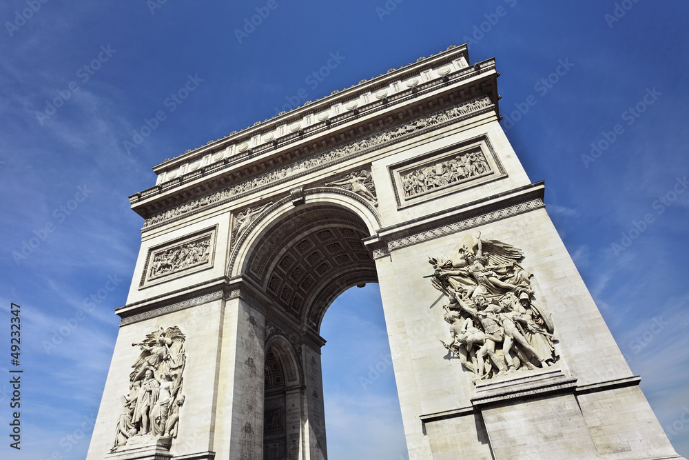 Wealthy ornate Arce de Triomphe against blue sky