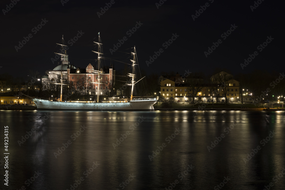 Tallship in night Stockholm