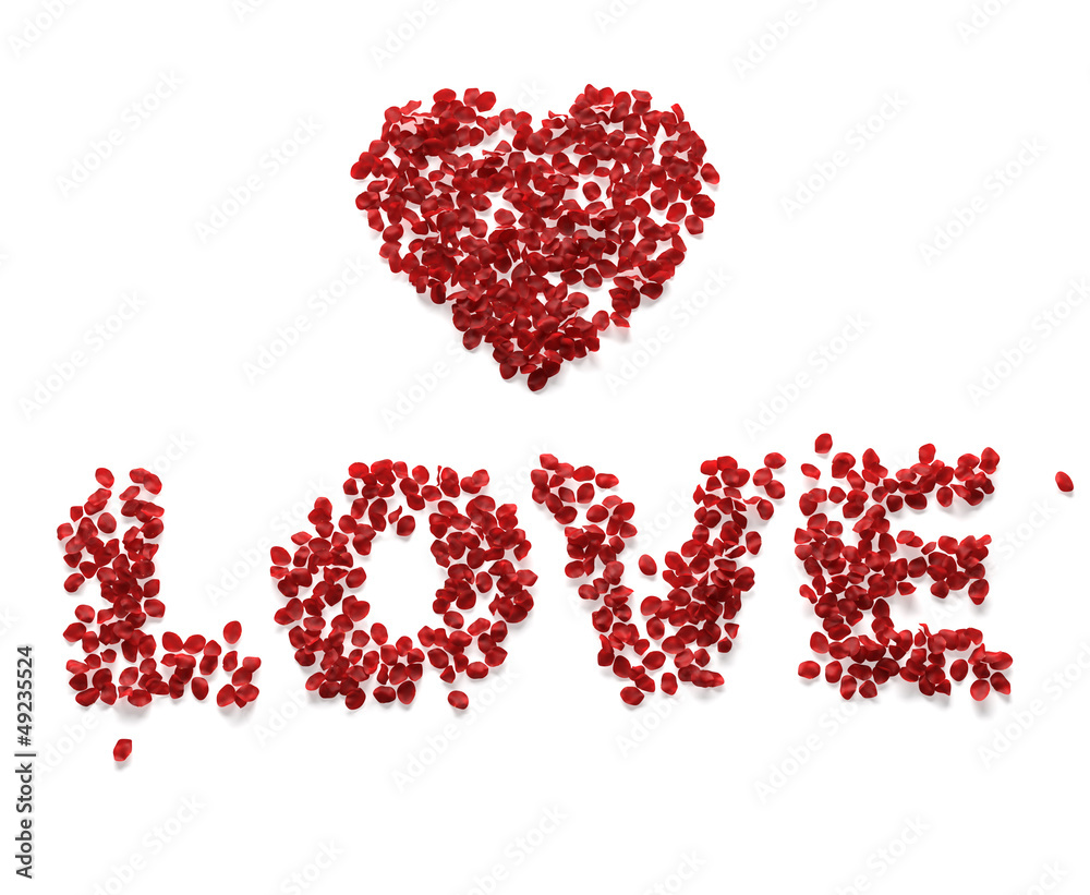 Love made from red rose petals on white background