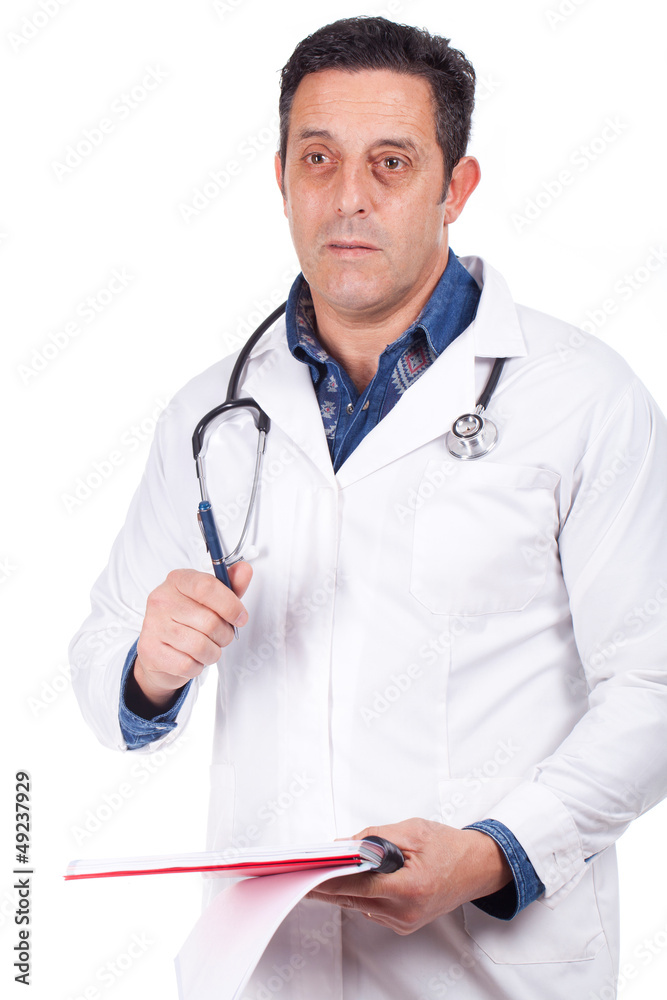 Middle Aged Doctor in Scrubs and Labcoat with Stethoscope closeu Middle Aged Doctor in Scrubs and Labcoat with Stethoscope closeu