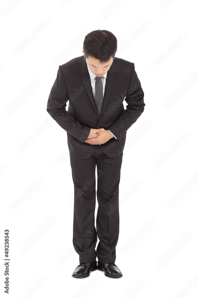 full length of asian businessman with bow and kindly gesture full length of asian businessman with bow and kindly gesture