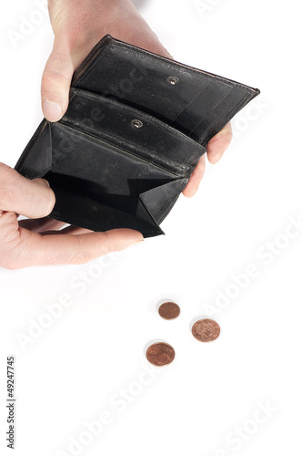 hand holding a wallet almost empty, with a few coins